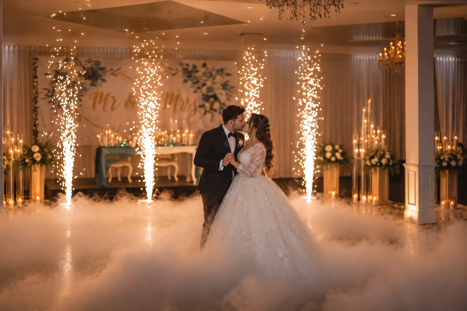Couple de mariés s’embrassant sur la piste de danse, entouré de fontaines d’étincelles, de chandelles et de brouillard bas.